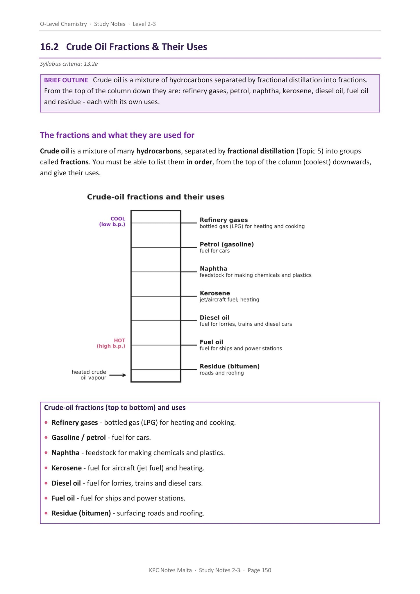 Study notes: the crude oil fractions in order, with the use of each one (page 150)