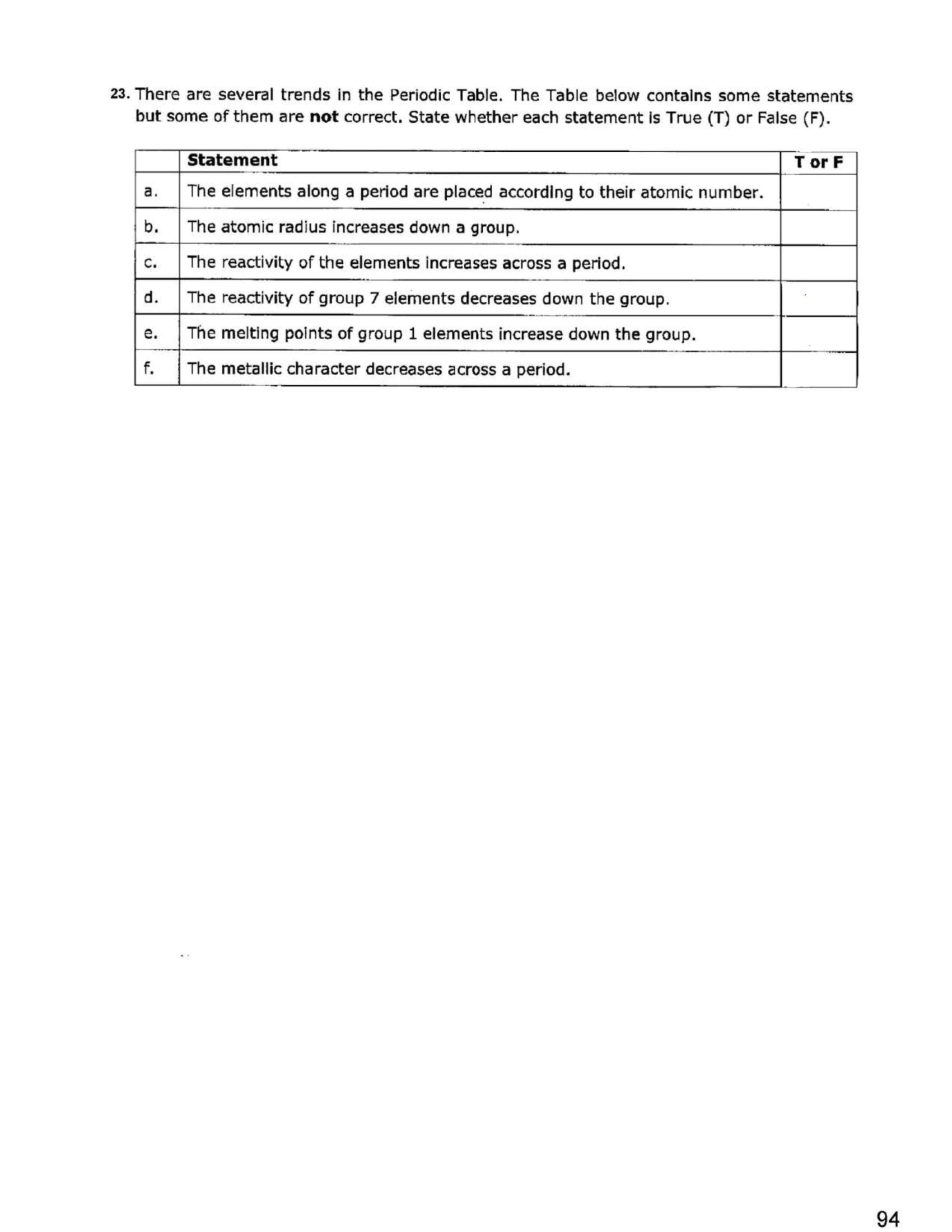 Questions: true or false on the periodic table trends (page 94)