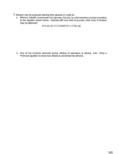 Questions: ethanol from glucose and from ethene, with a mass calculation (page 143)
