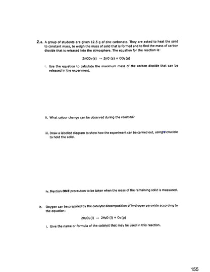 Questions: heating zinc carbonate to constant mass, a full stoichiometry question (page 155)