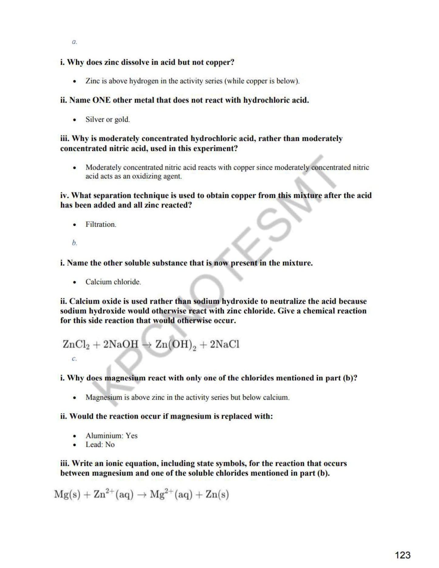 Answers: reactivity series reasoning, with balanced and ionic equations written out (page 123)