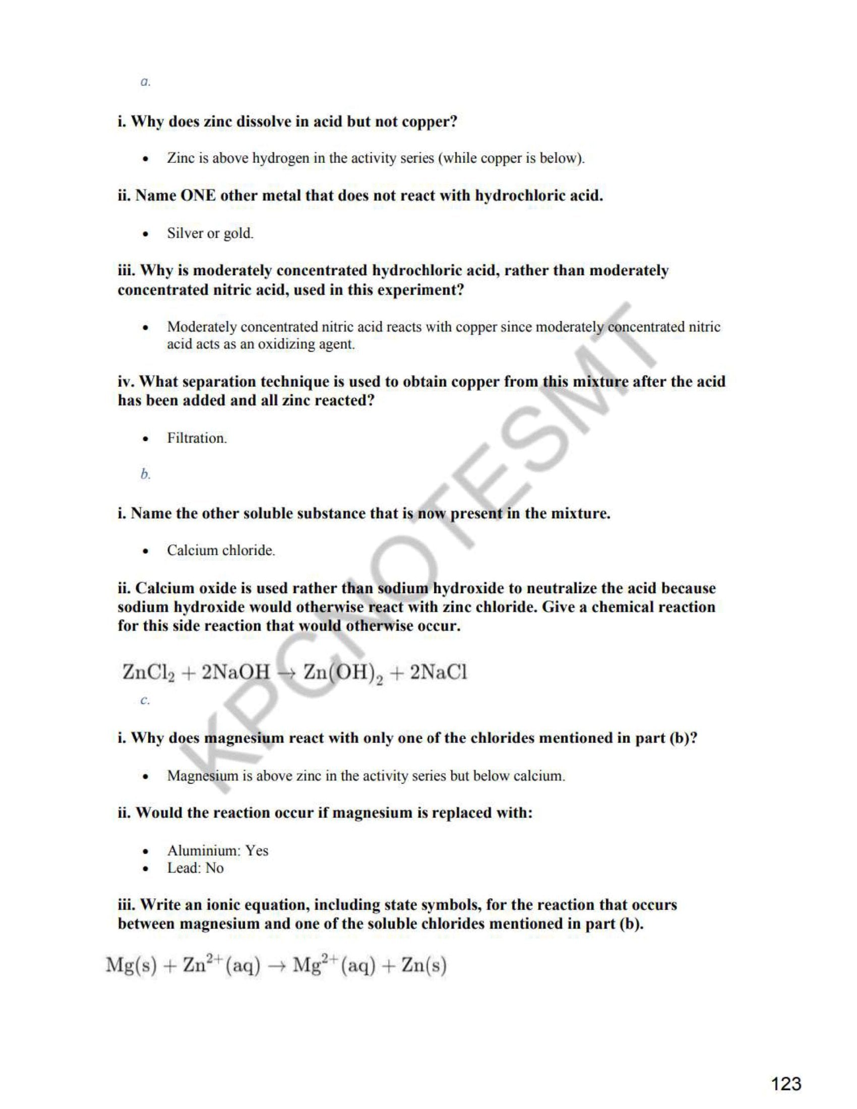 Answers: reactivity series reasoning, with balanced and ionic equations written out (page 123)