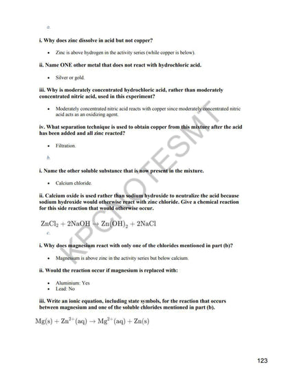 Answers: reactivity series reasoning, with balanced and ionic equations written out (page 123)