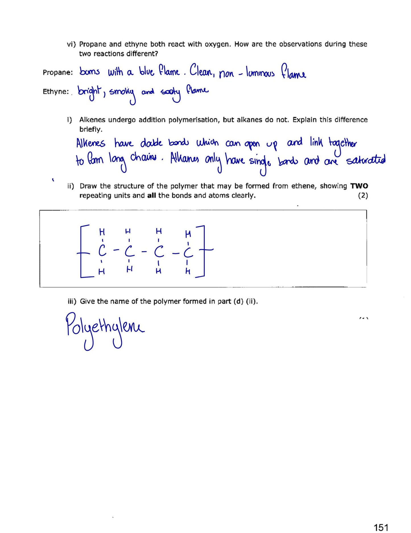 Answers: the poly(ethene) repeating unit drawn out, with every bond shown (page 151)