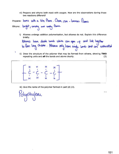 Answers: the poly(ethene) repeating unit drawn out, with every bond shown (page 151)