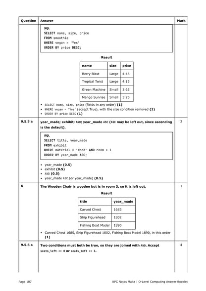 Answer Booklet: SQL answers with the query results and the marking points (page 107)