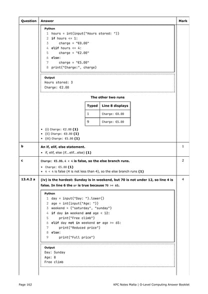 Answer Booklet: Python answers with the program output and the marking points (page 162)