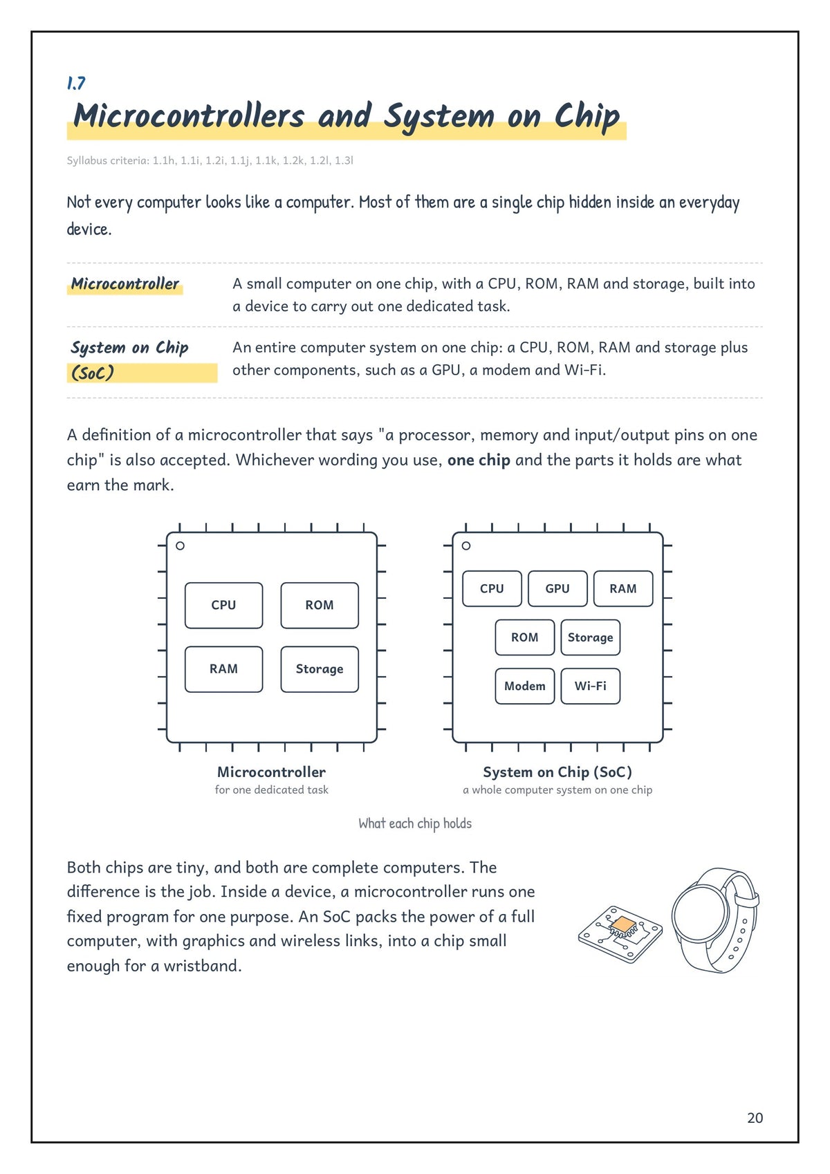 Note Pack: microcontrollers and System on Chip, with labelled block diagrams (page 20)