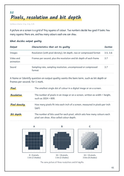 Note Pack: pixels, resolution and bit depth, with pixel grids (page 61)