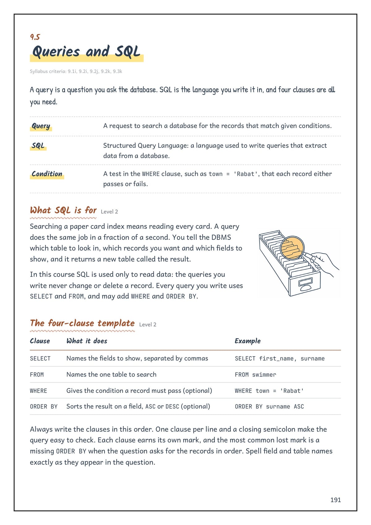 Note Pack: queries and SQL, the four-clause template explained (page 191)