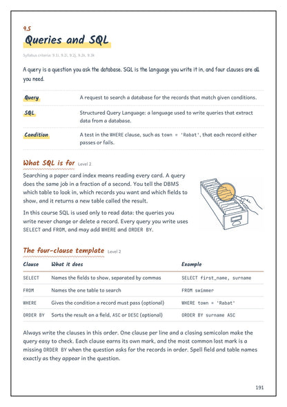 Note Pack: queries and SQL, the four-clause template explained (page 191)