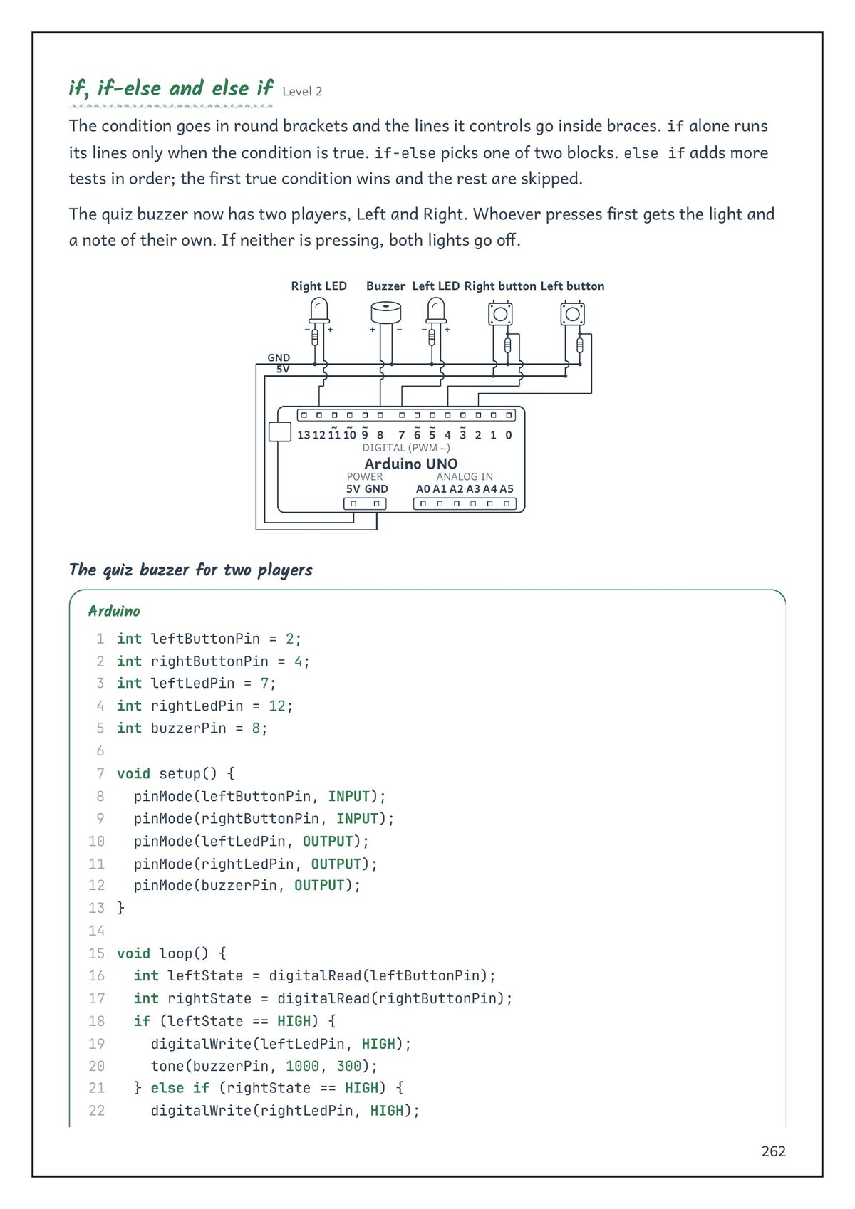 Note Pack: if and else in an Arduino sketch, with the circuit drawn above the code (page 262)