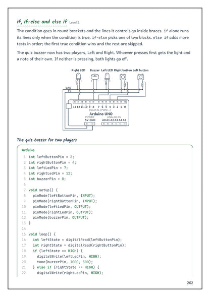Note Pack: if and else in an Arduino sketch, with the circuit drawn above the code (page 262)