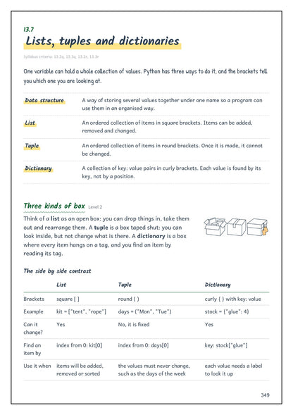 Note Pack: Python lists, tuples and dictionaries compared (page 349)