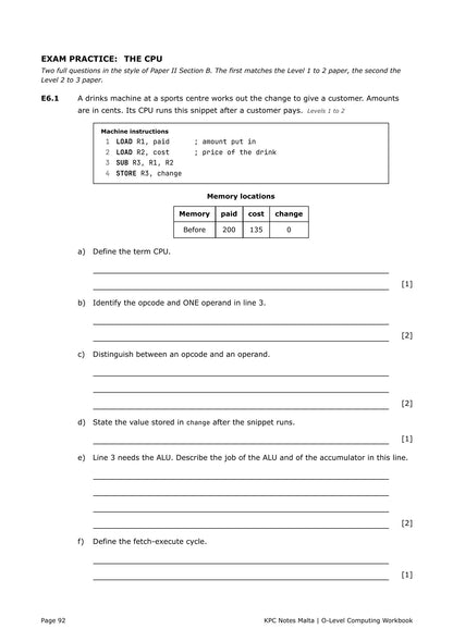 Workbook: exam practice on the CPU, tracing machine instructions (page 92)