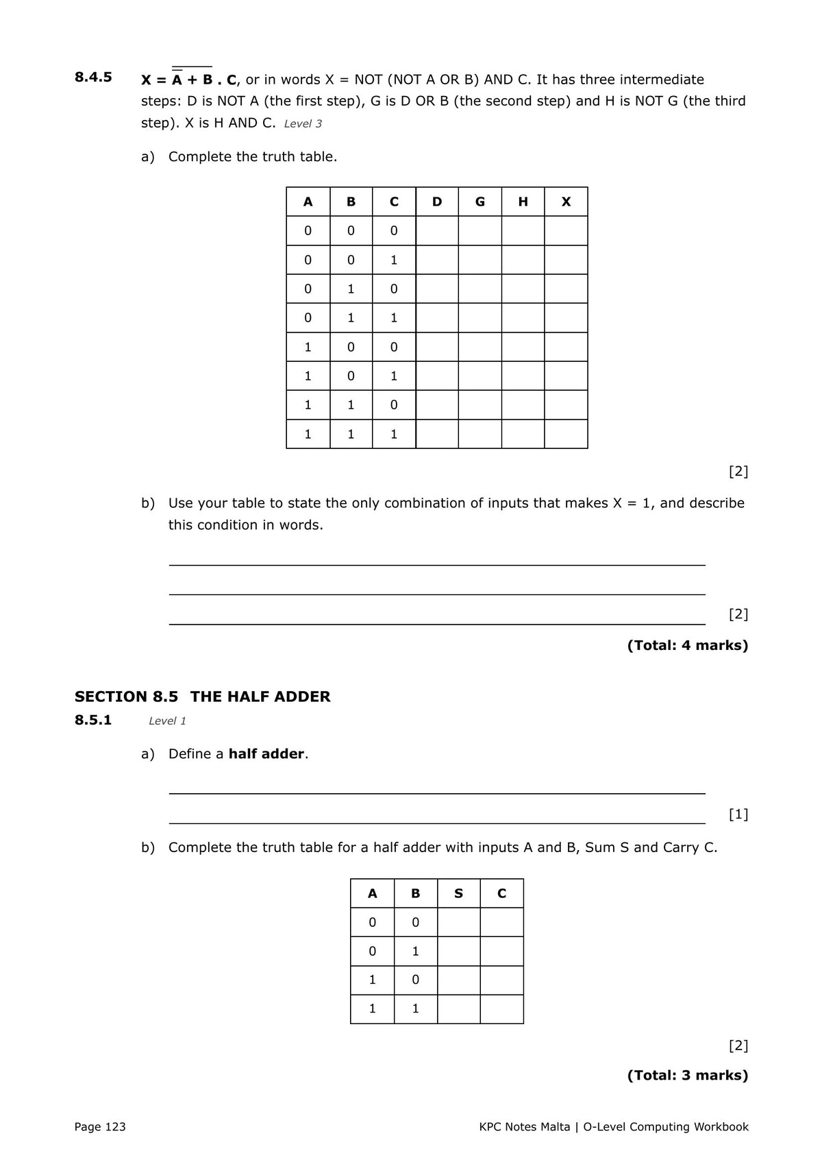 Workbook: logic gates, truth tables and the half adder (page 123)