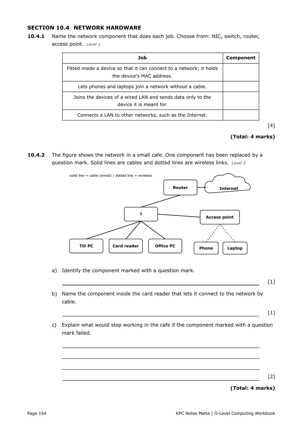 Workbook: network hardware questions from a network diagram (page 154)