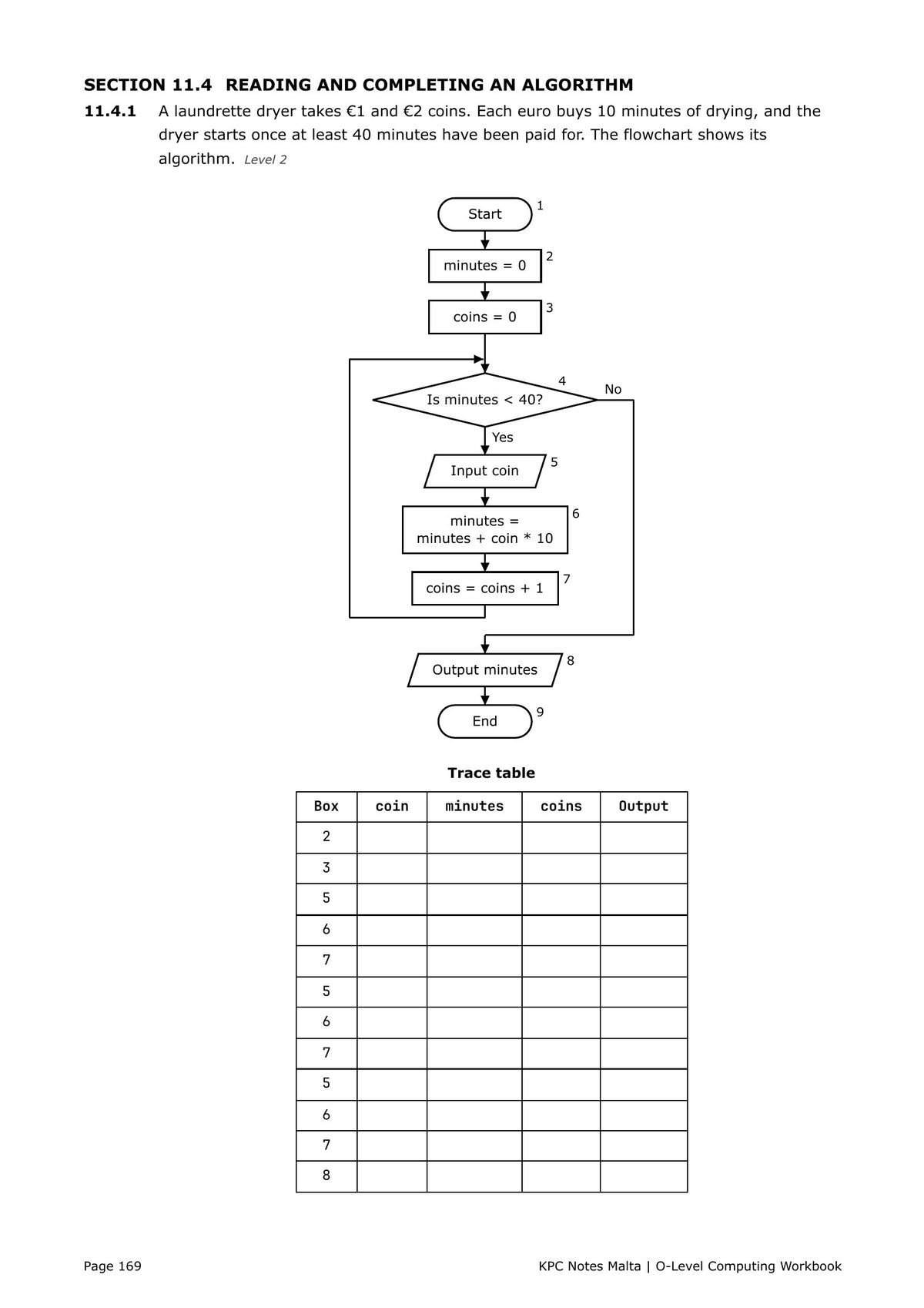 Workbook: completing an algorithm from a flowchart, with a trace table (page 169)