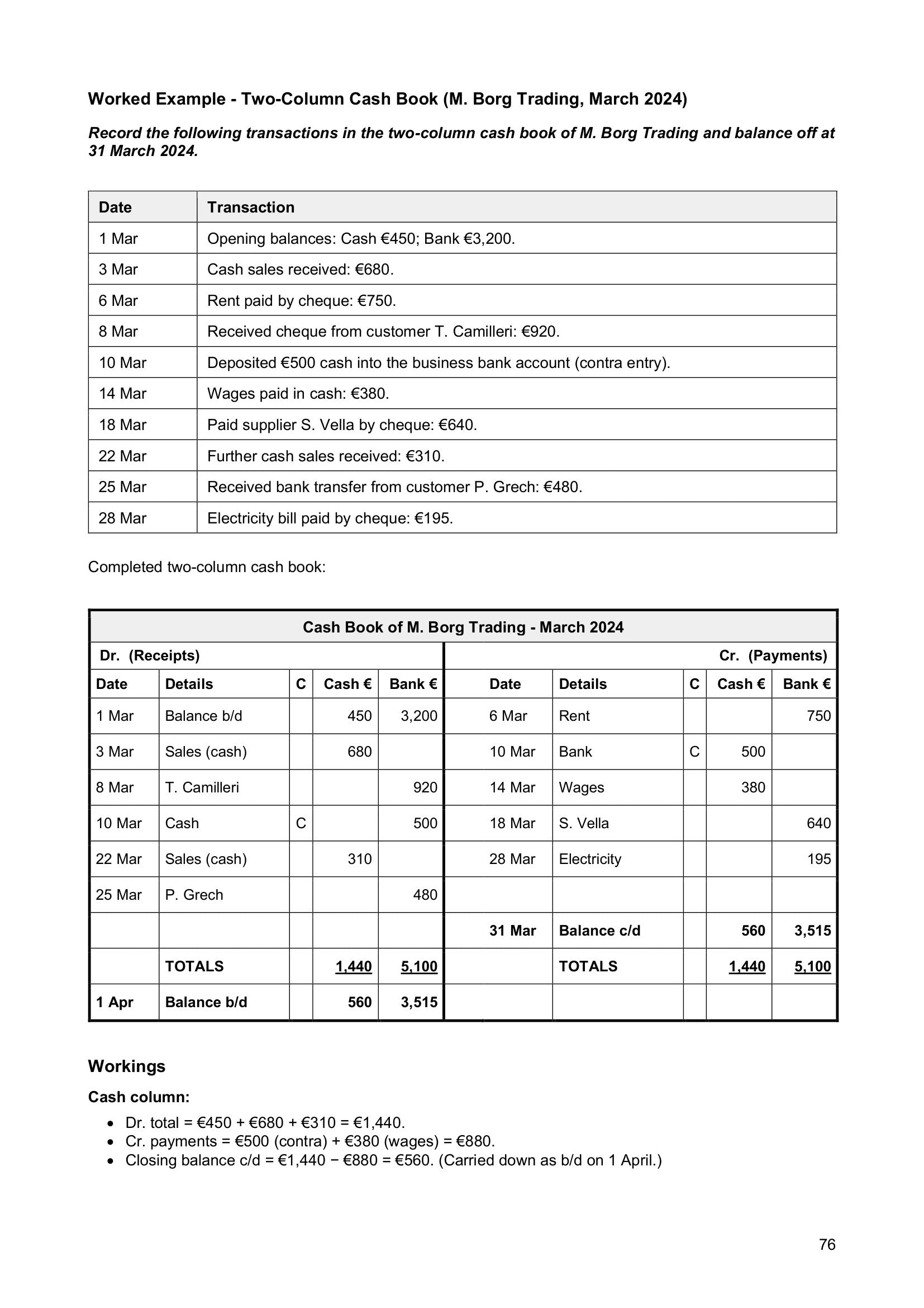 Cash Book: a worked two-column cash book (page 76)