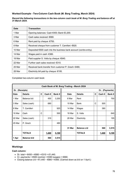 Cash Book: a worked two-column cash book (page 76)