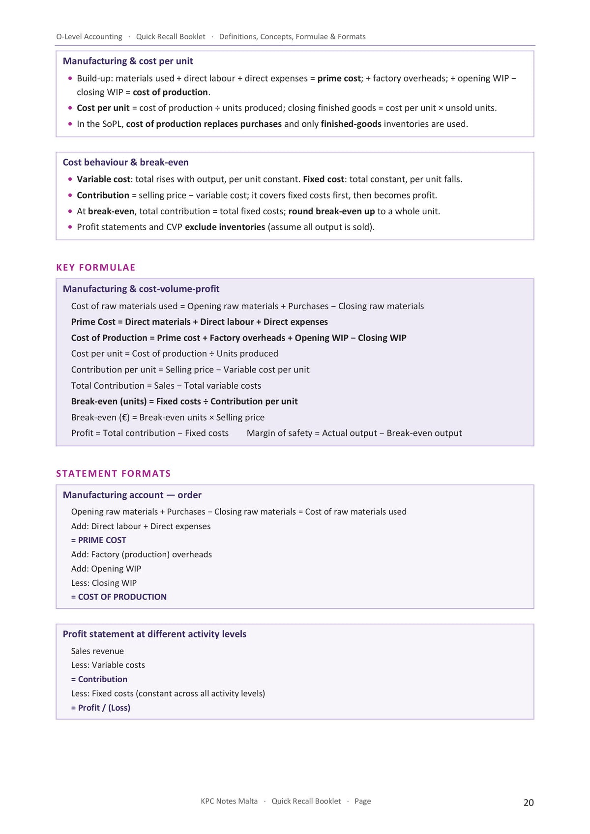Quick Recall Booklet: the manufacturing and break-even formulae to memorise (page 20)