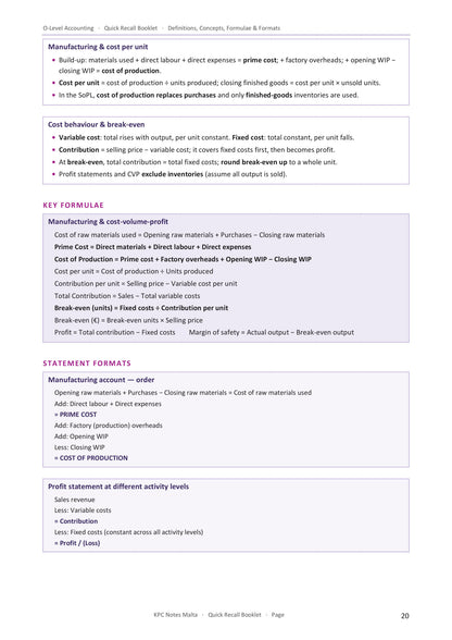 Quick Recall Booklet: the manufacturing and break-even formulae to memorise (page 20)