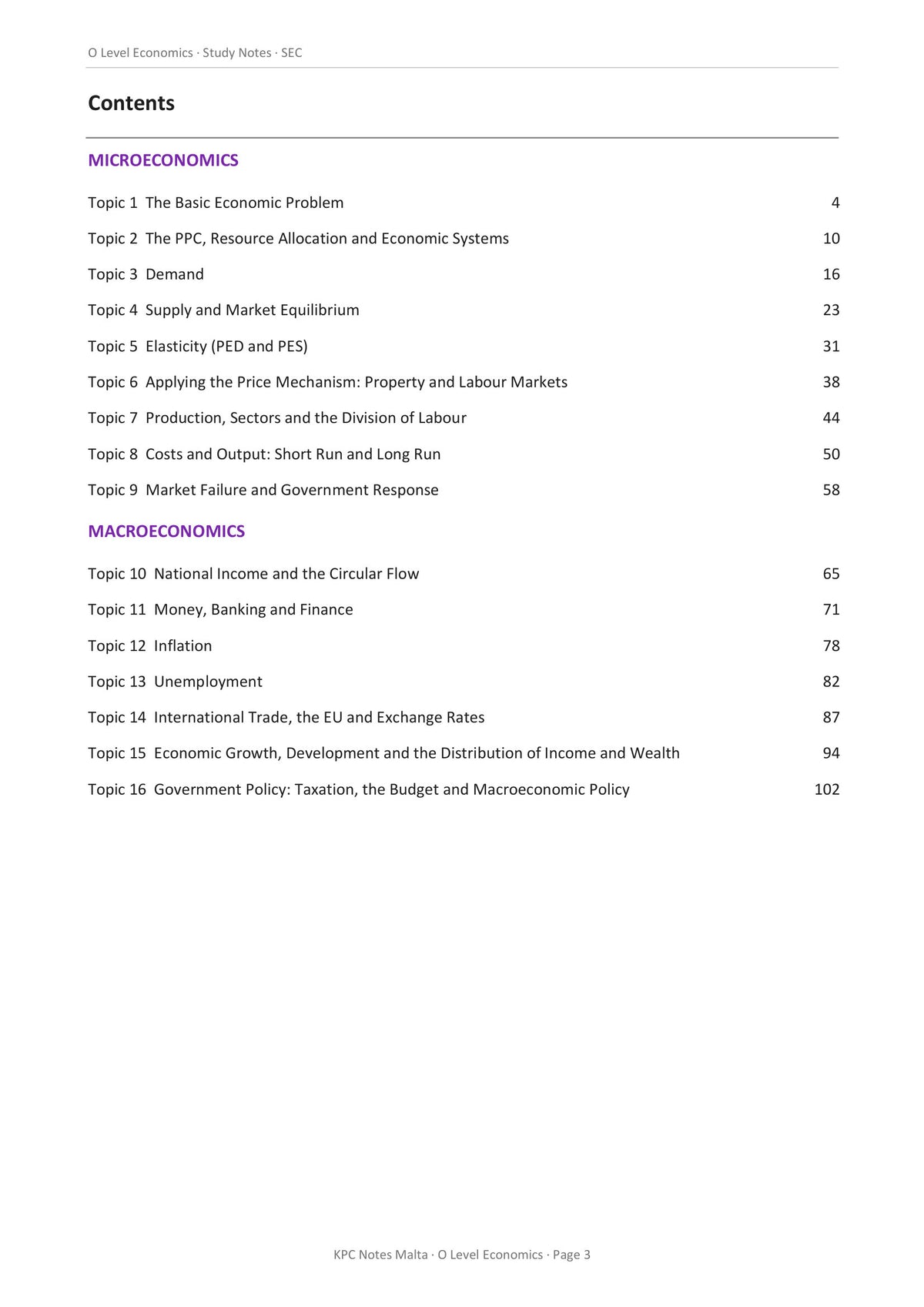 Contents: sixteen topics across microeconomics and macroeconomics (page 3)