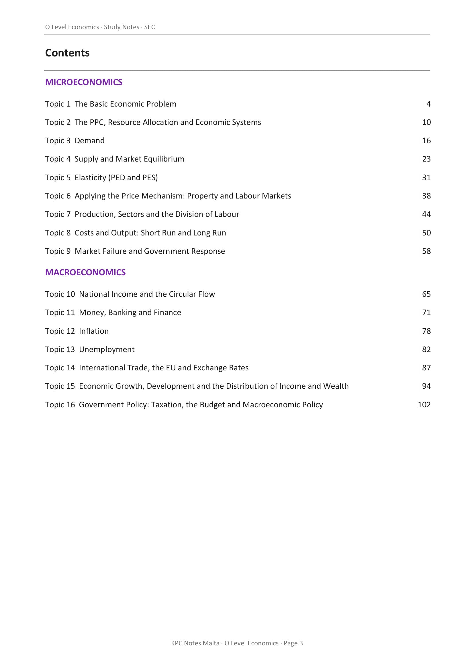 Contents: sixteen topics across microeconomics and macroeconomics (page 3)
