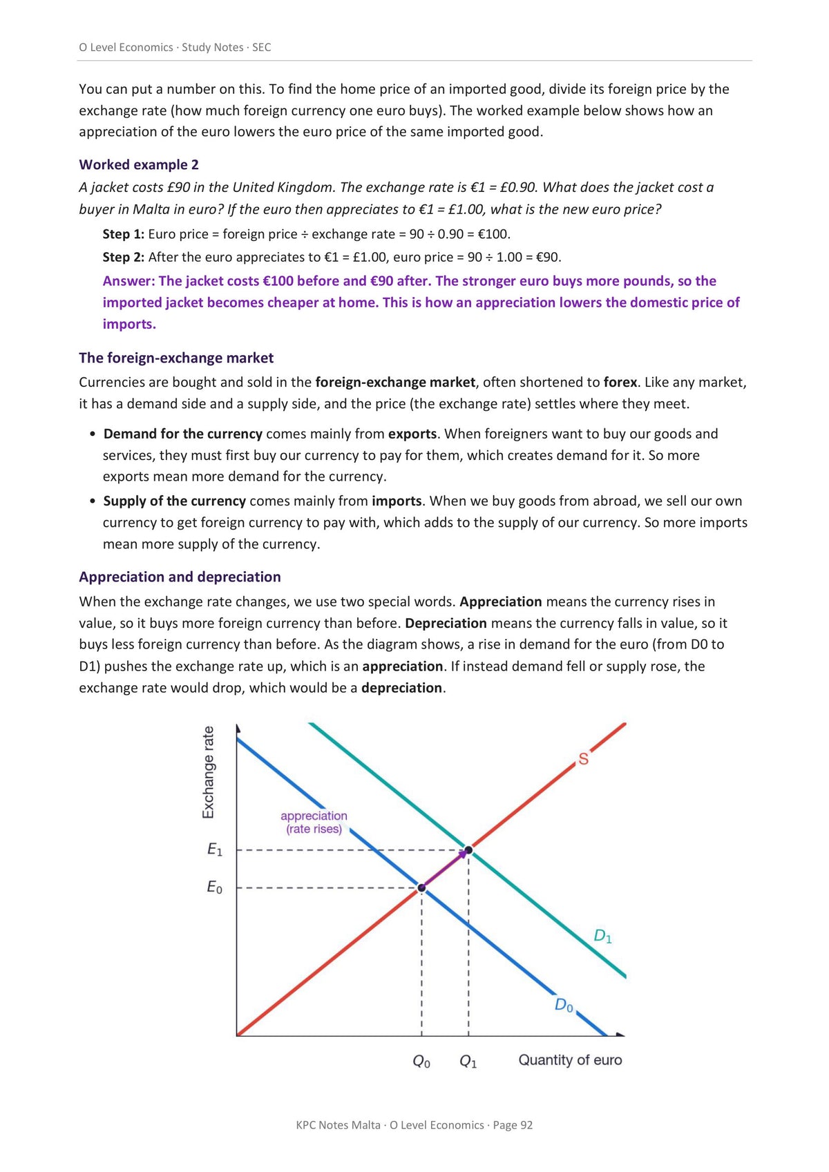Macroeconomics: a worked exchange-rate calculation on the price of imports (page 92)