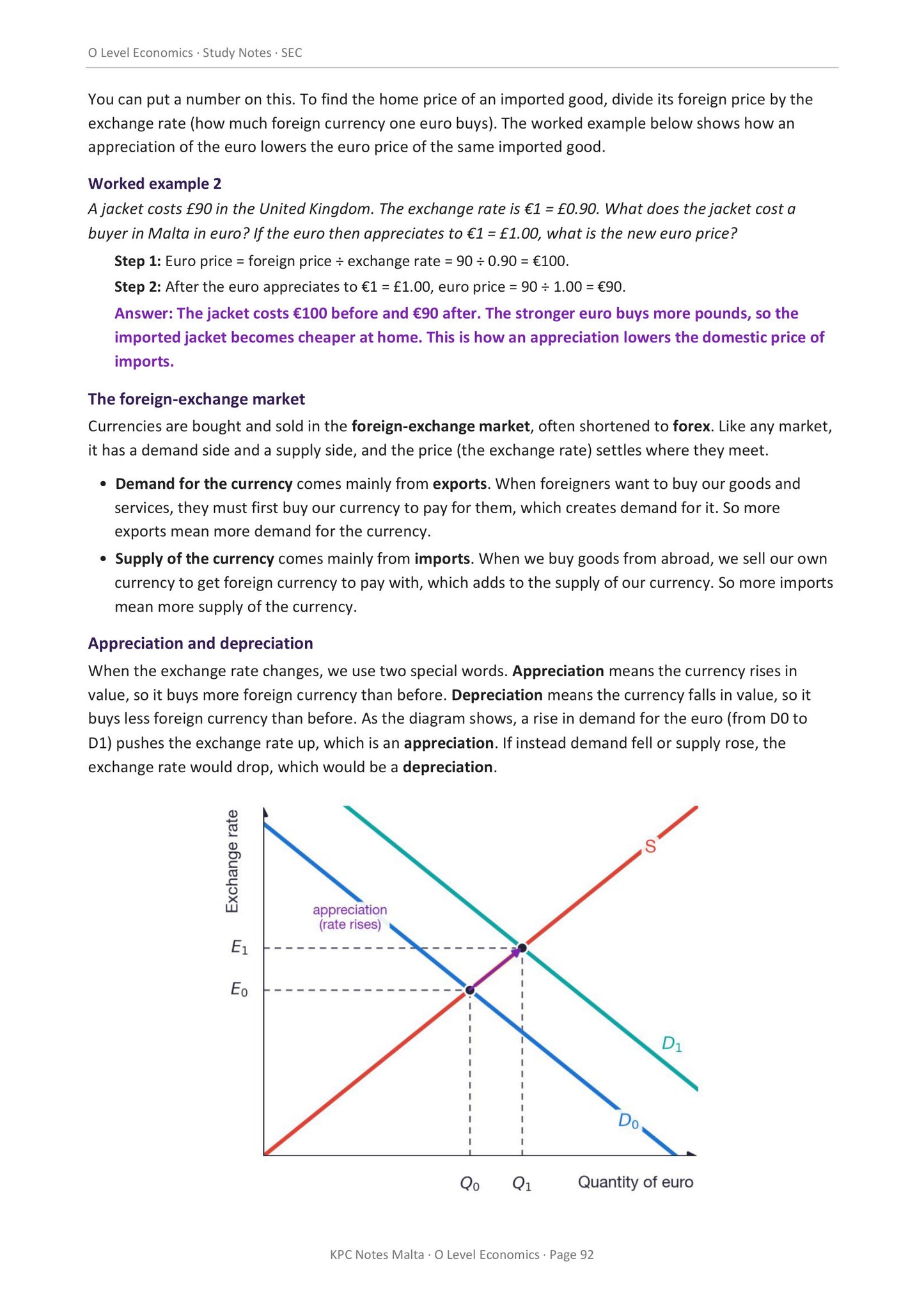 Macroeconomics: a worked exchange-rate calculation on the price of imports (page 92)