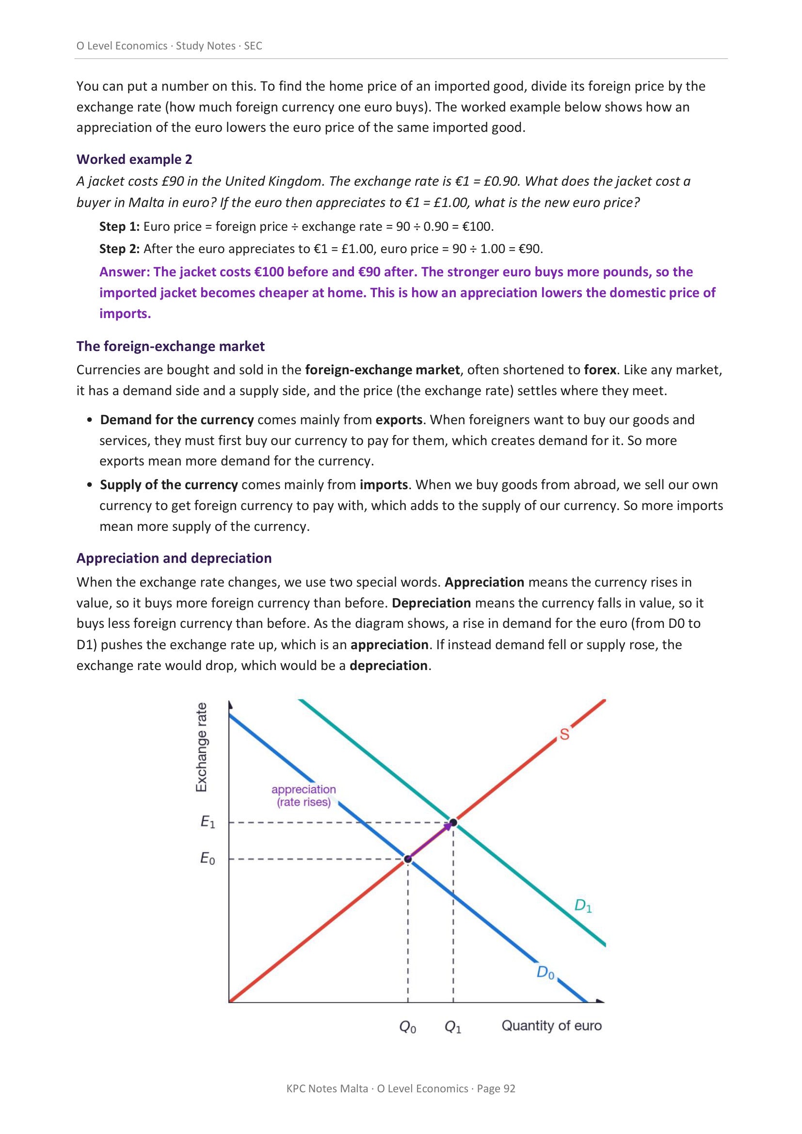 Macroeconomics: a worked exchange-rate calculation on the price of imports (page 92)