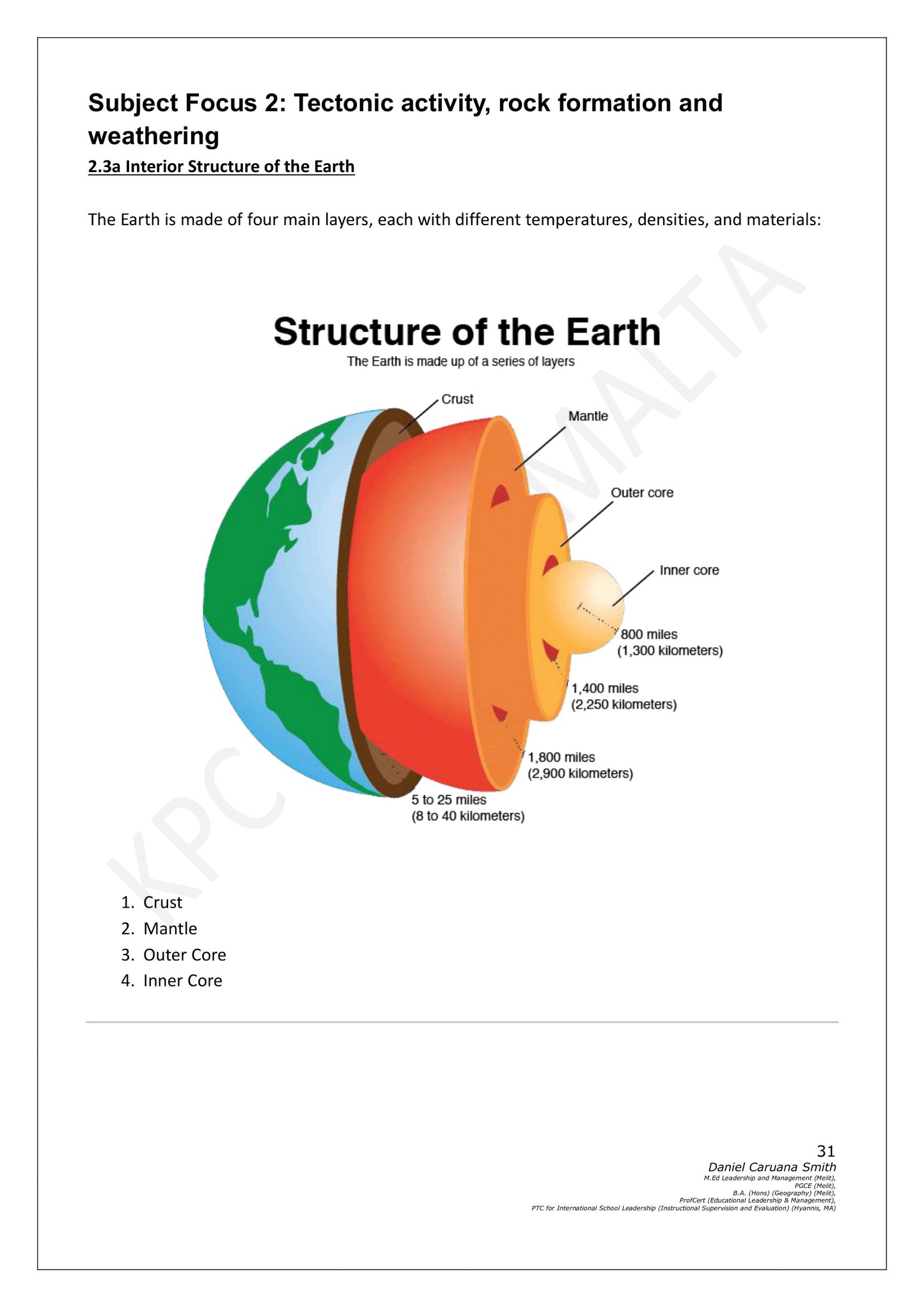 Geography: Tectonic Activity and Weathering, the interior structure of the Earth (page 31)