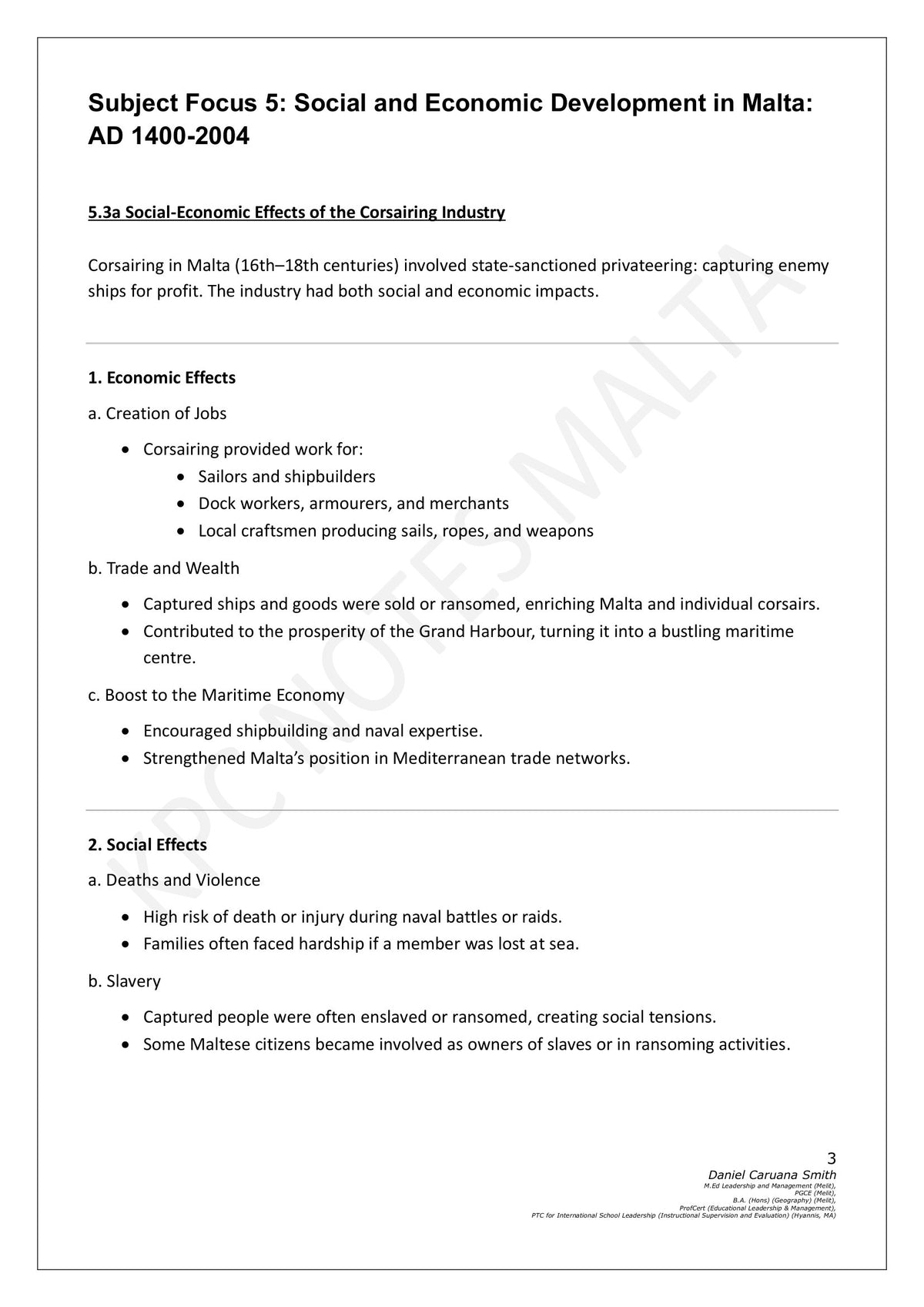 Social Studies: Malta AD 1400 to 2004, the corsairing industry (page 3)