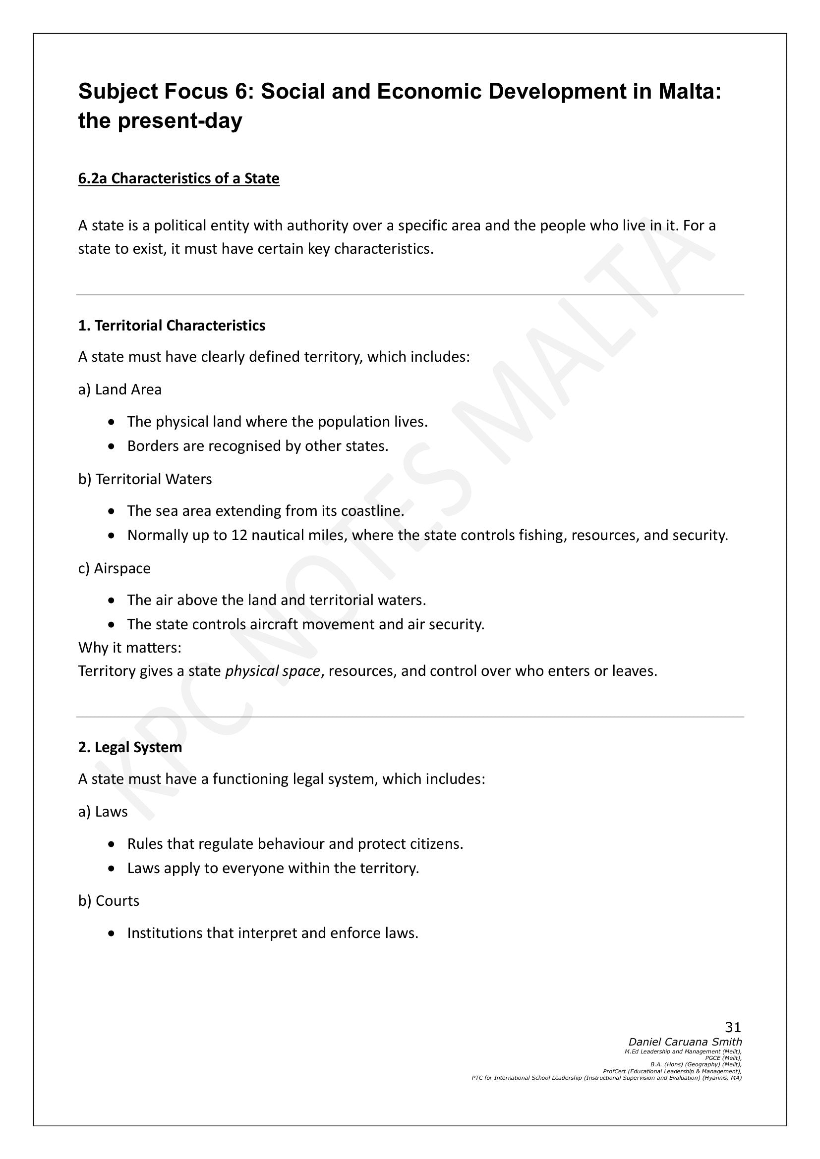 Social Studies: Malta in the present day, the characteristics of a state (page 31)
