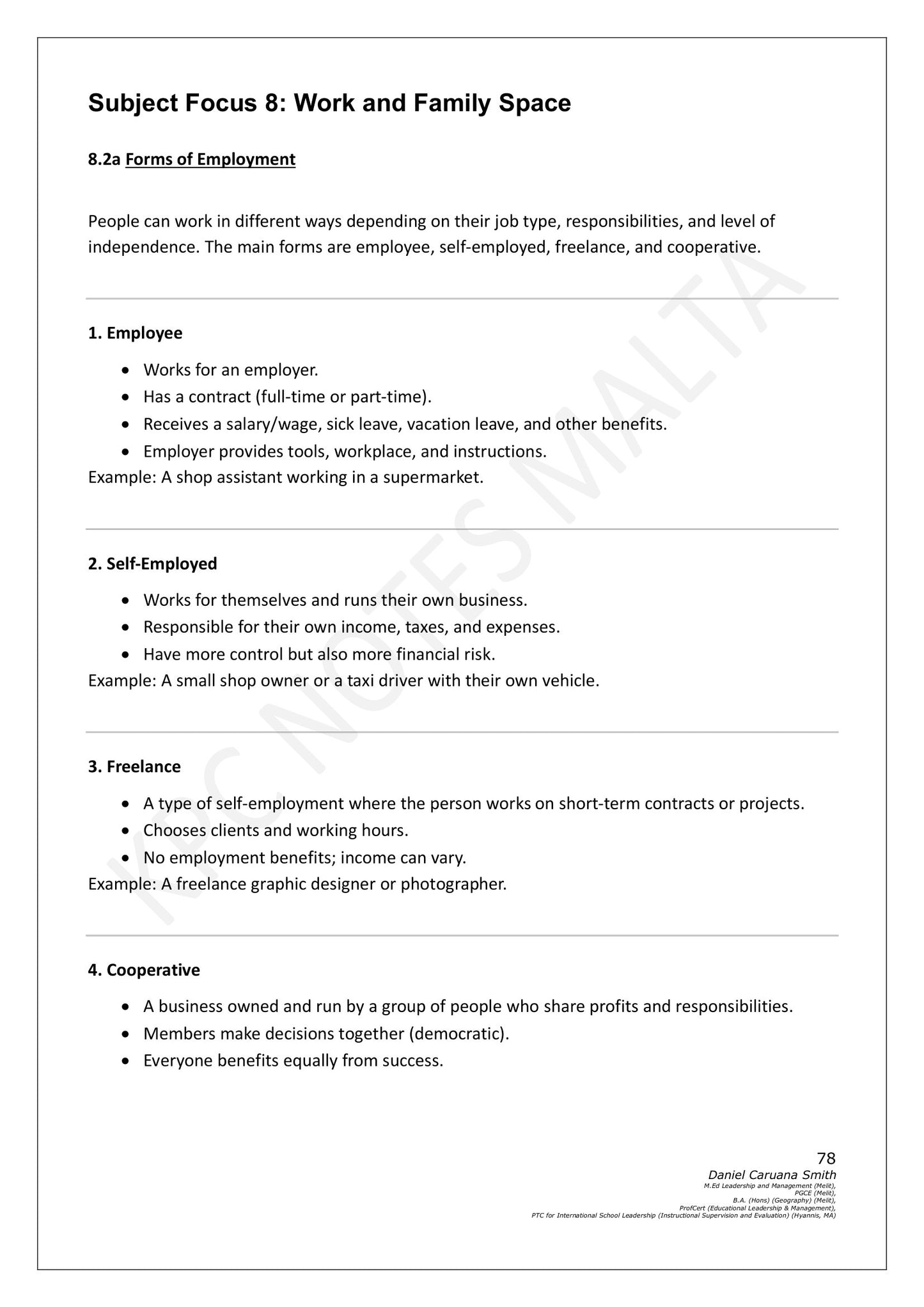 Social Studies: Work and Family Space, the forms of employment (page 78)