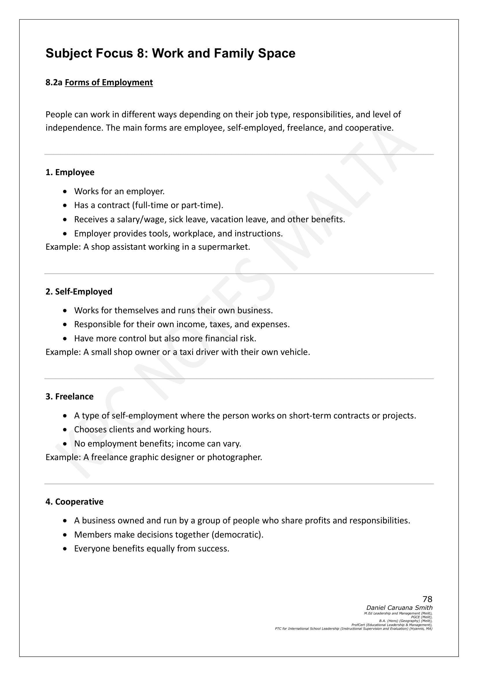 Social Studies: Work and Family Space, the forms of employment (page 78)