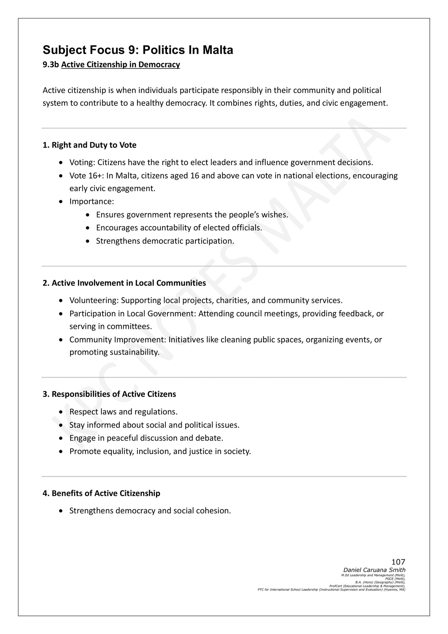 Social Studies: Politics in Malta, active citizenship in a democracy (page 107)