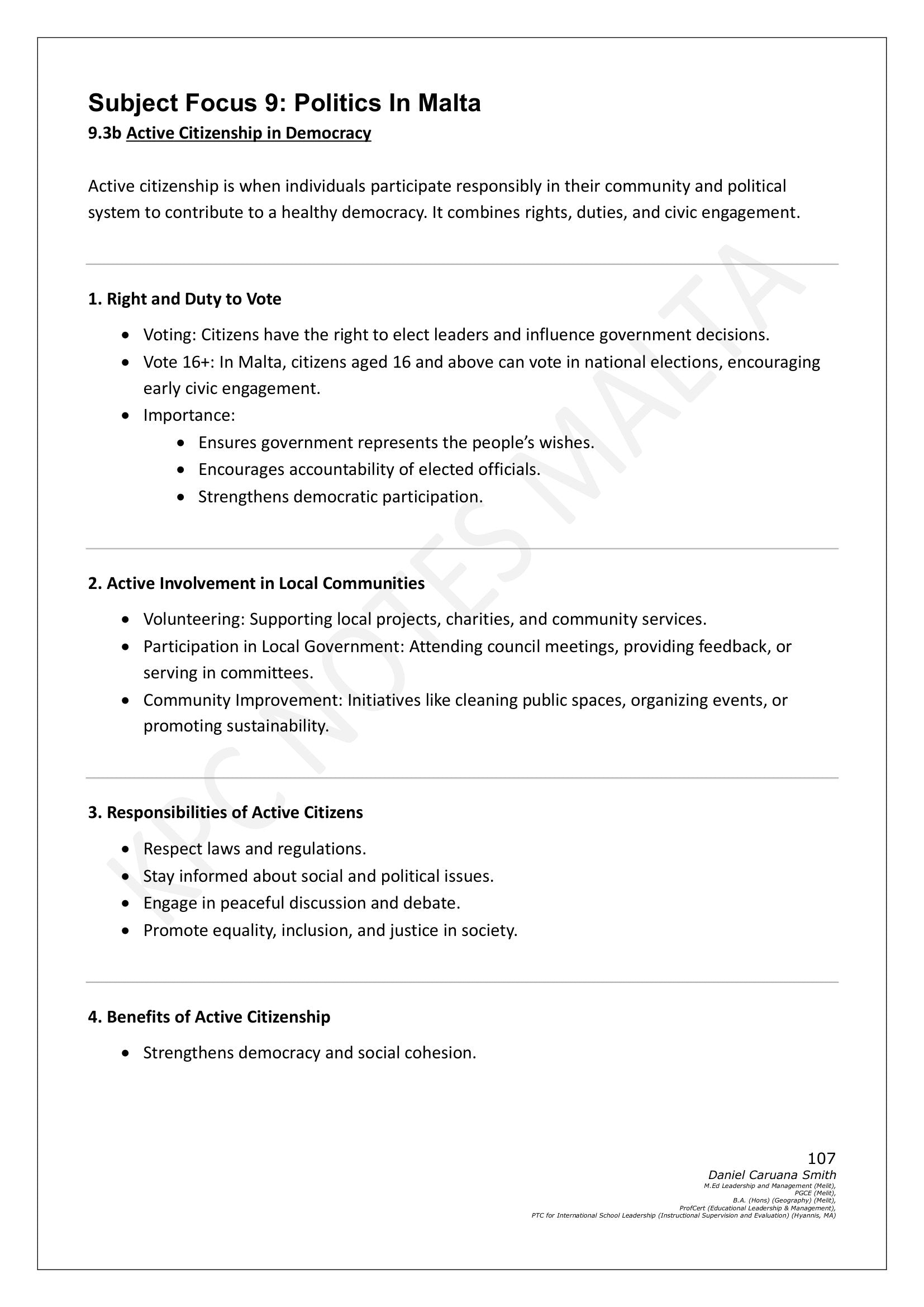 Social Studies: Politics in Malta, active citizenship in a democracy (page 107)