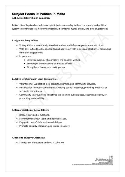 Social Studies: Politics in Malta, active citizenship in a democracy (page 107)
