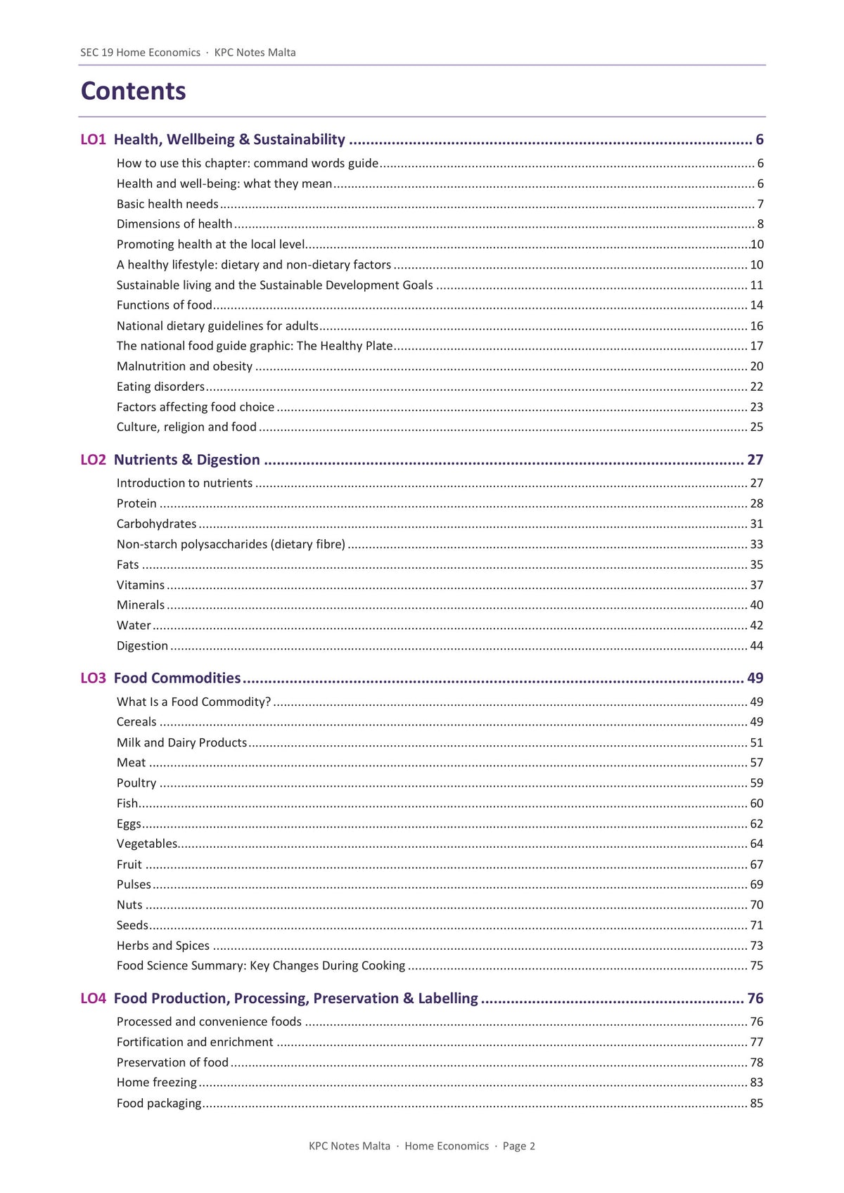 Contents: all eight Learning Outcomes, topic by topic (page 2)
