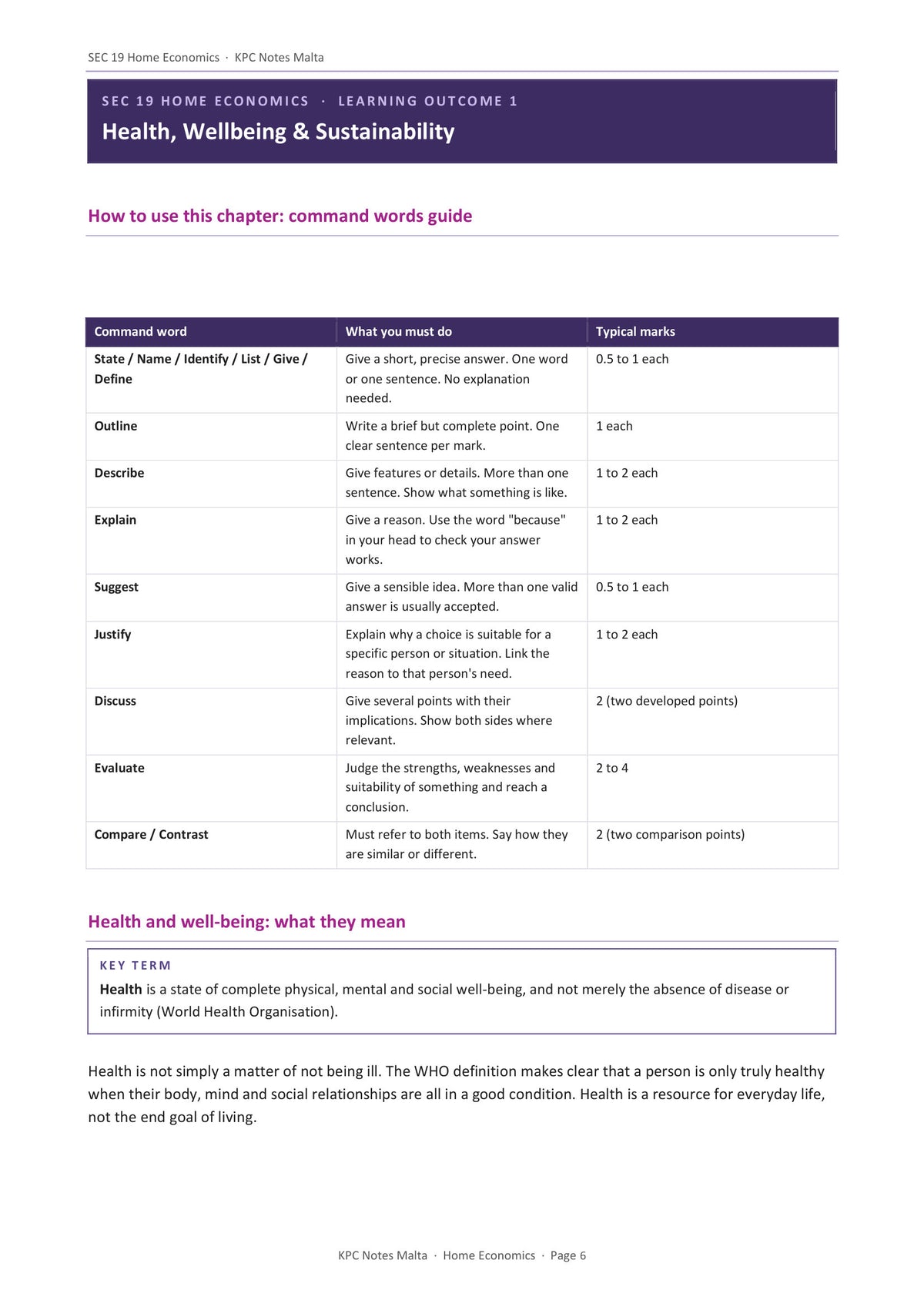 Health, Wellbeing and Sustainability: the command words guide opens the chapter (page 6)