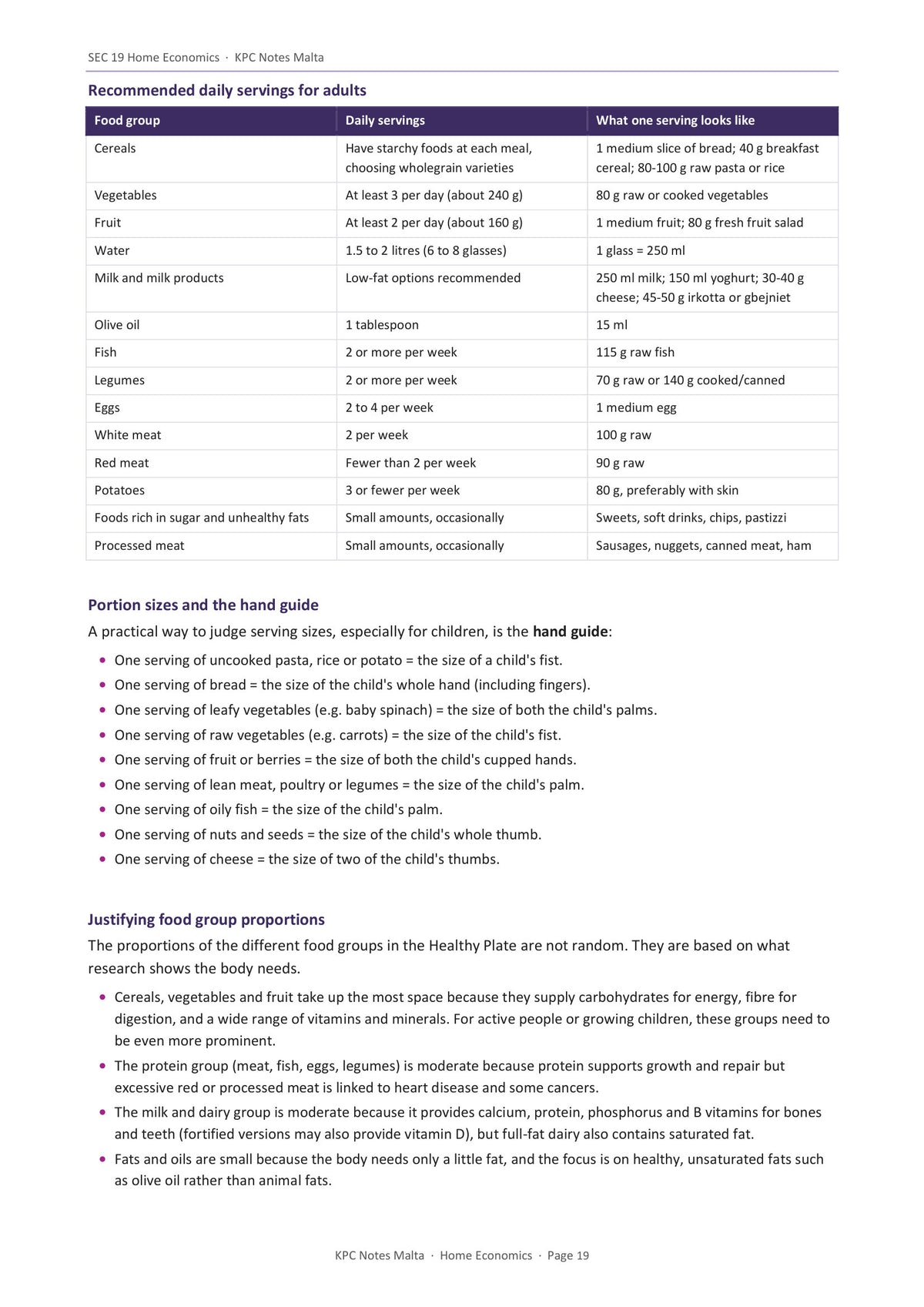 Health, Wellbeing and Sustainability: recommended daily servings, with Maltese examples (page 19)