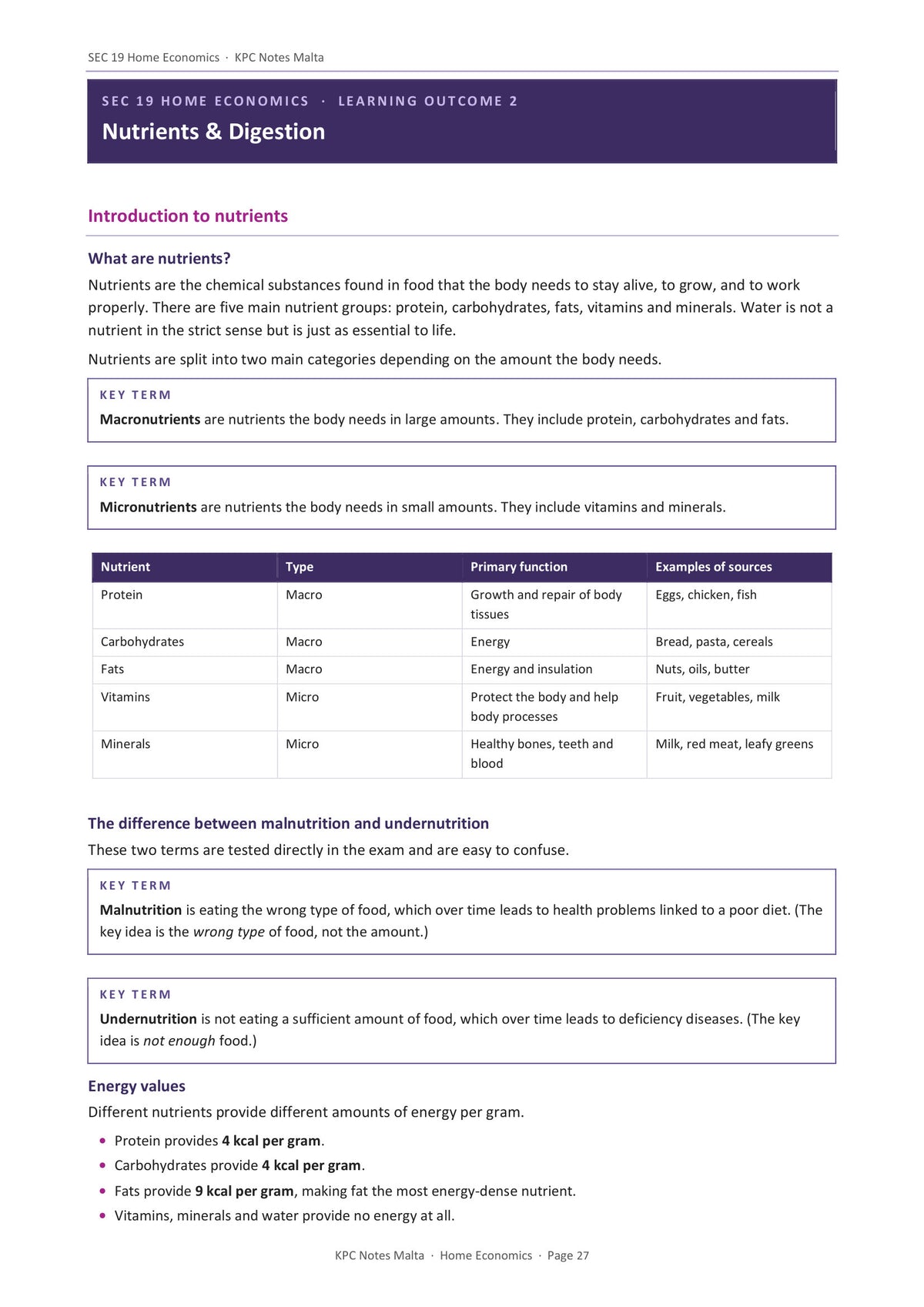 Nutrients and Digestion: introduction to the nutrients (page 27)