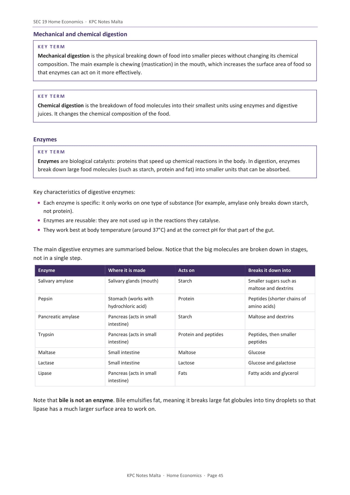 Nutrients and Digestion: mechanical and chemical digestion, and enzymes (page 45)