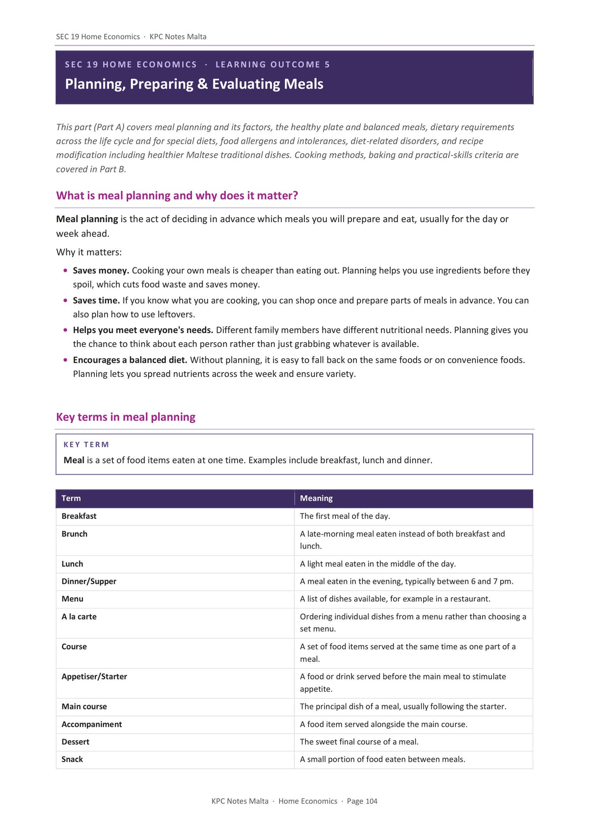 Planning and Preparing Meals: how a meal is planned and then evaluated (page 104)