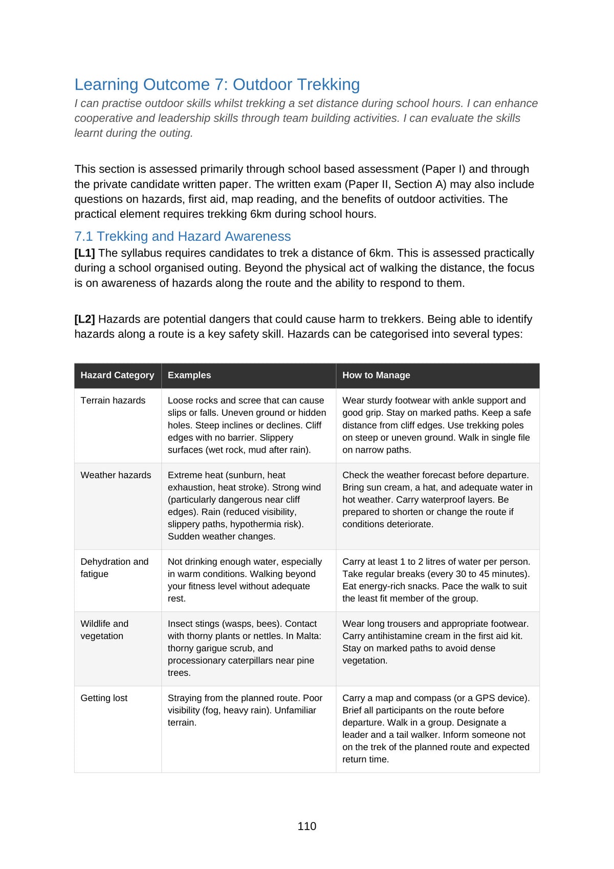 Outdoor Trekking: planning, safety and evaluating the experience (page 110)