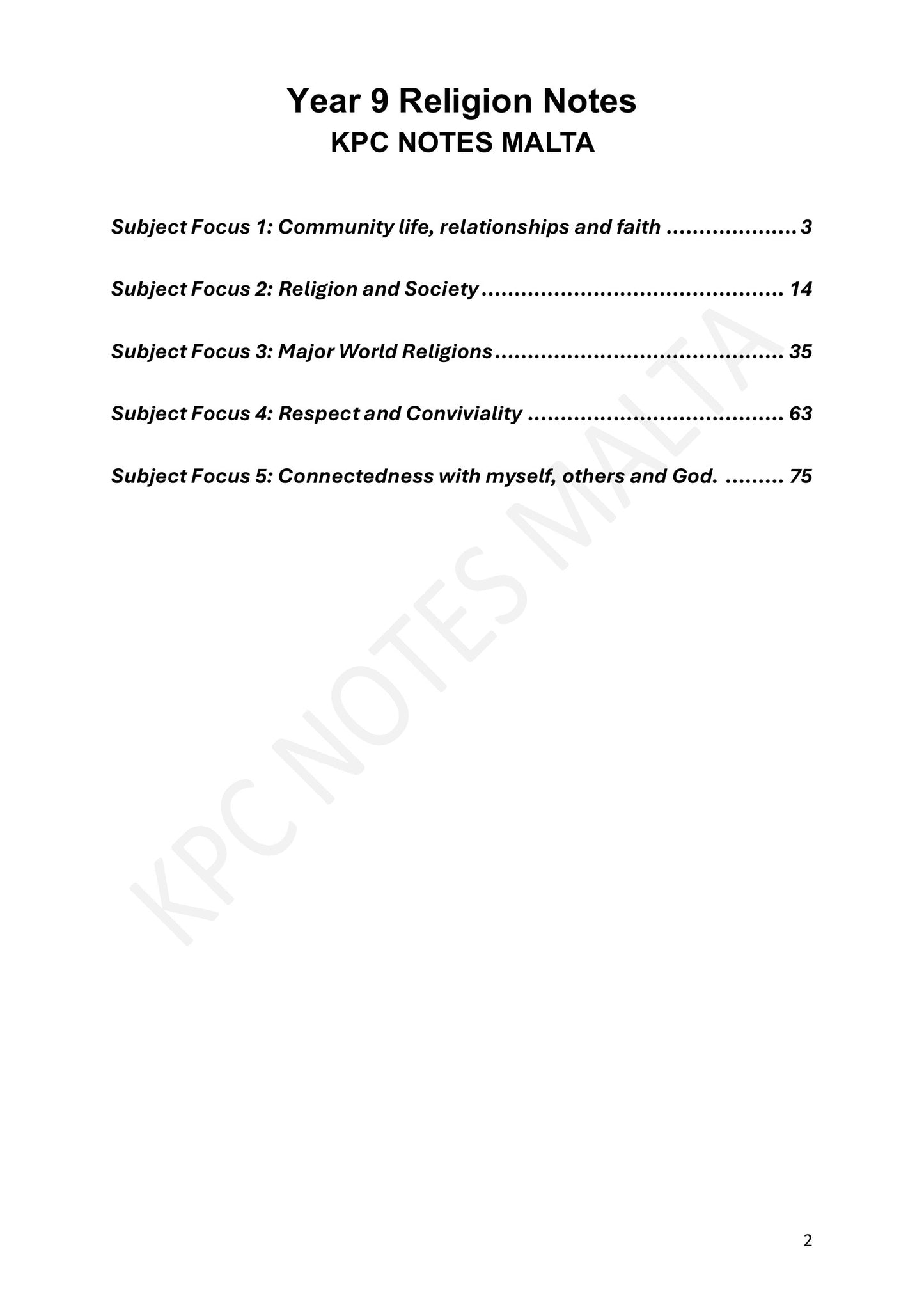 Year 9: contents, Subject Foci 1 to 5 (page 2)