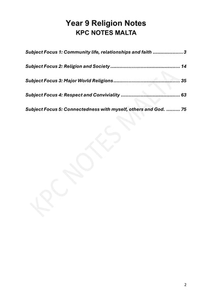 Year 9: contents, Subject Foci 1 to 5 (page 2)