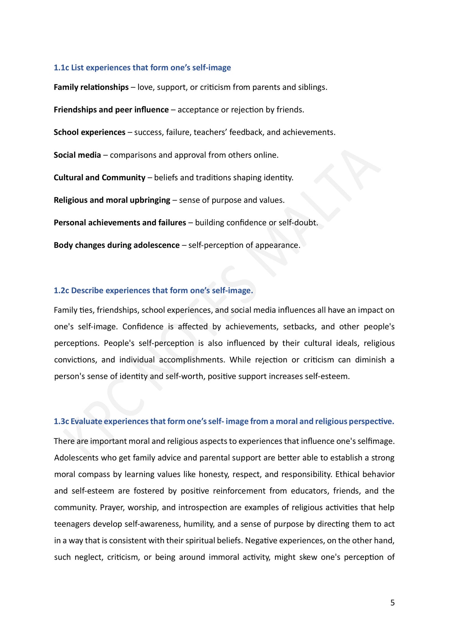 Year 9: Community Life and Faith, the experiences that form self-image (page 5)