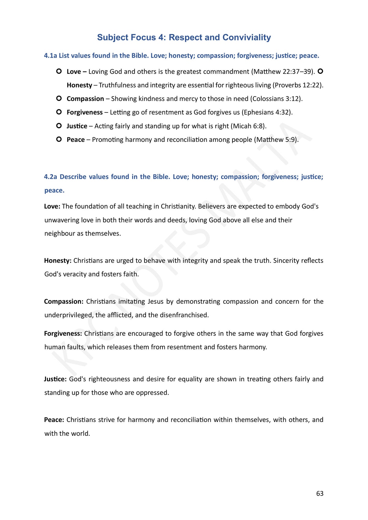Year 9: Respect and Conviviality, biblical values with chapter and verse (page 63)